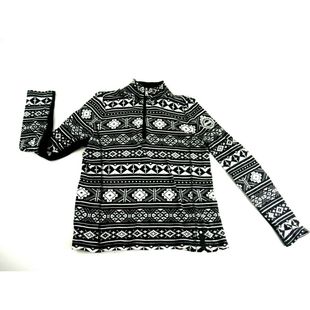 L-RL Lauren Active Black White Icelandic Print Thermal 1/4 Zip Top Wms PL Petite